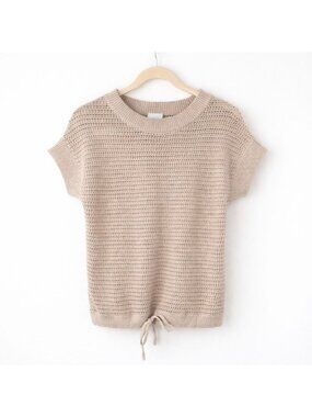 Varley Mesh Knit Top Birch Beige XS Corvallis Short Sleeve Cotton